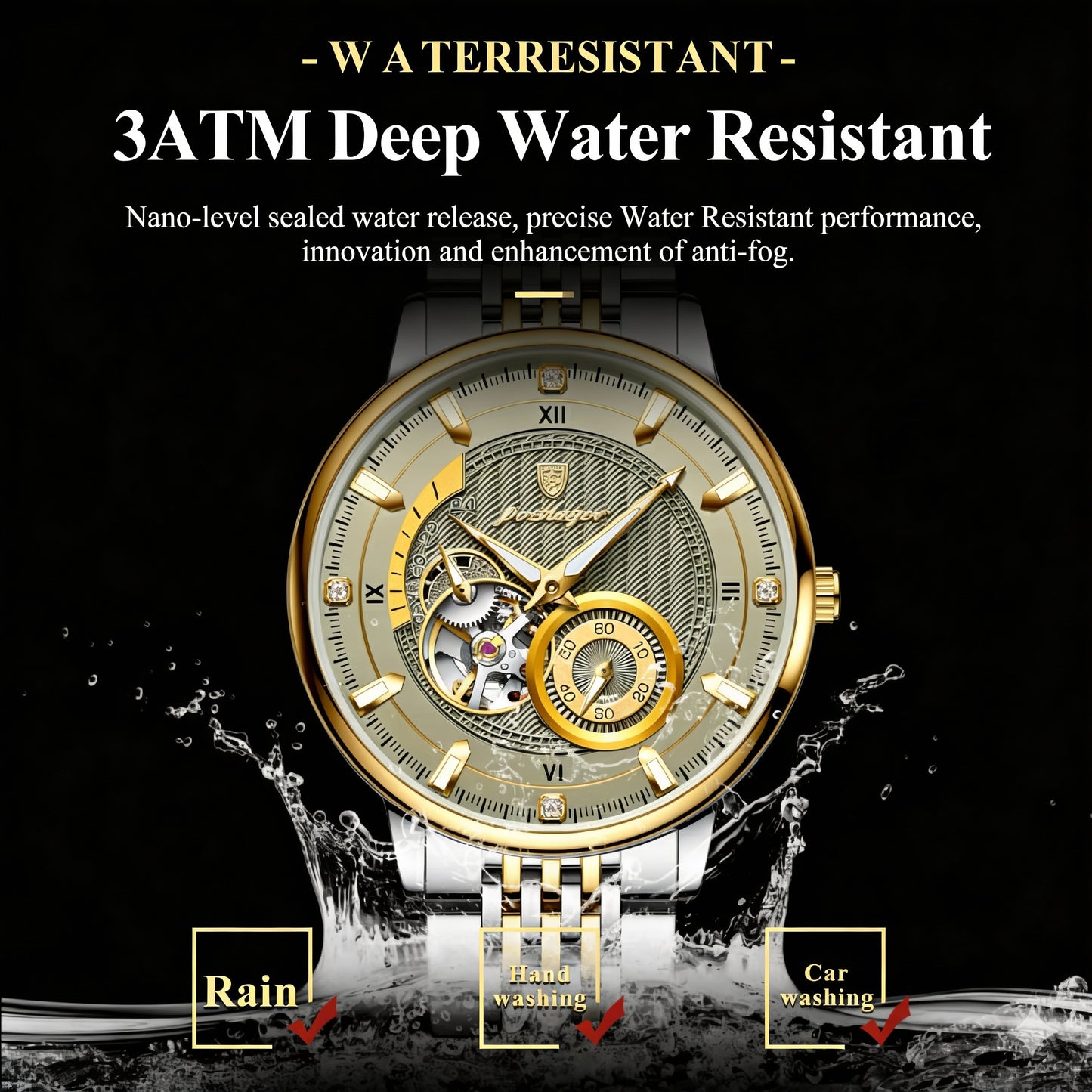 POEDAGAR (®) WT0002 Automatic Skeleton Watch – Stainless Steel, Luminous, 50M (5ATM) Water Resistant