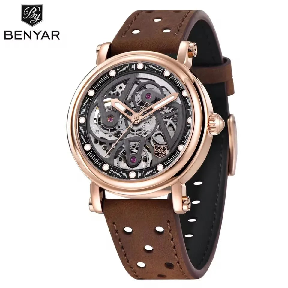 BENYAR (®) 5202 Automatic Skeleton Men’s Watch – Luminous Dial, Leather Strap
