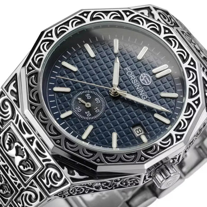 FORSINING (®) 8303 Automatic Mechanical Men’s Watch – Square Case, Engraved Design 30M (3ATM) Water Resistant