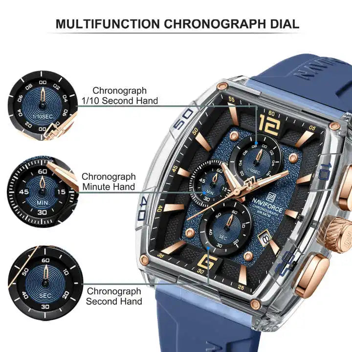 Naviforce (®) 6101 NF6101 Men’s Quartz Chronograph Watch – Sport Silicone Strap 50M (5ATM) Water Resistant