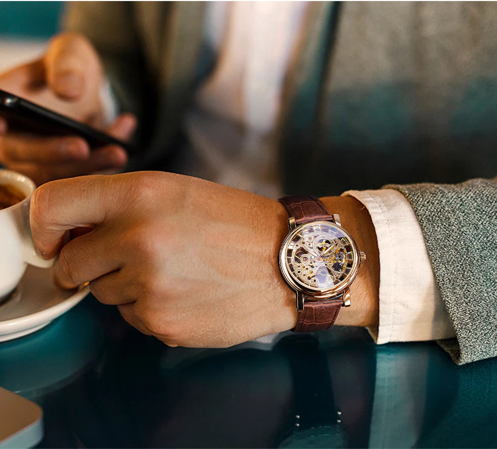 WINNER (®) 8003 Automatic Skeleton Men’s Watch – Transparent Dial, Leather Strap 30M (3ATM) Water Resistant