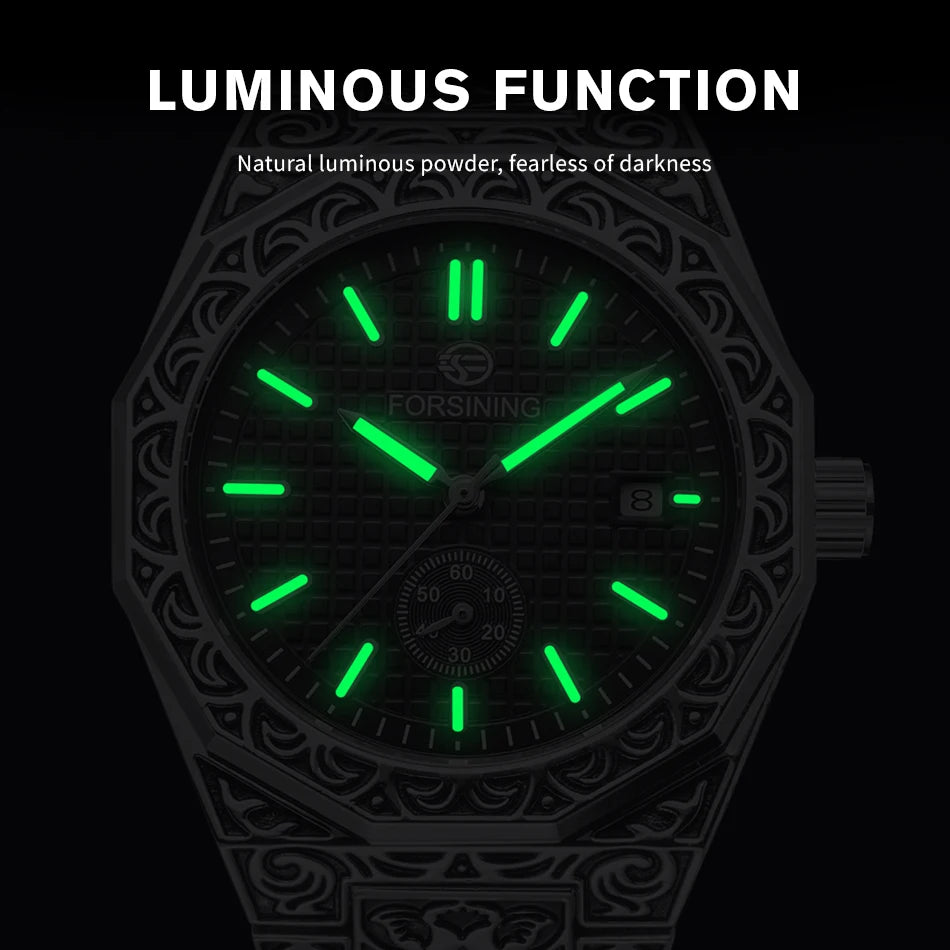 FORSINING (®) 8303 Automatic Mechanical Men’s Watch – Square Case, Engraved Design 30M (3ATM) Water Resistant
