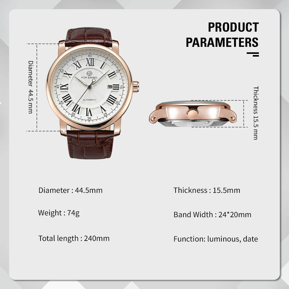 FORSINING (®) TM142 Automatic Men’s Watch – Rose Gold Case, Leather Strap