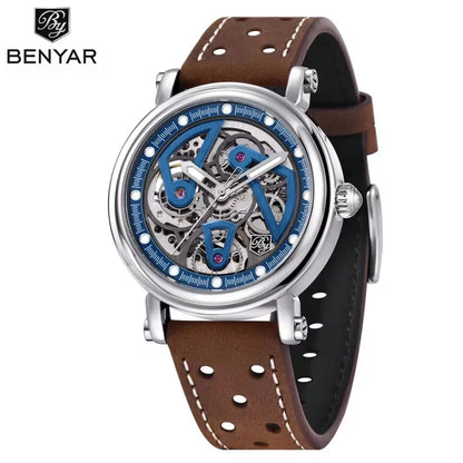 BENYAR (®) 5202 Automatic Skeleton Men’s Watch – Luminous Dial, Leather Strap