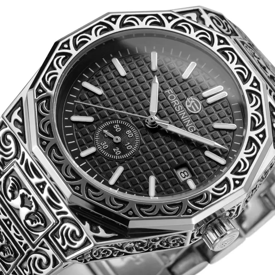 FORSINING (®) 8303 Automatic Mechanical Men’s Watch – Square Case, Engraved Design 30M (3ATM) Water Resistant