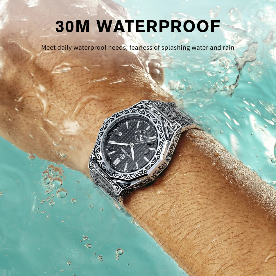 FORSINING (®) 8303 Automatic Mechanical Men’s Watch – Square Case, Engraved Design 30M (3ATM) Water Resistant
