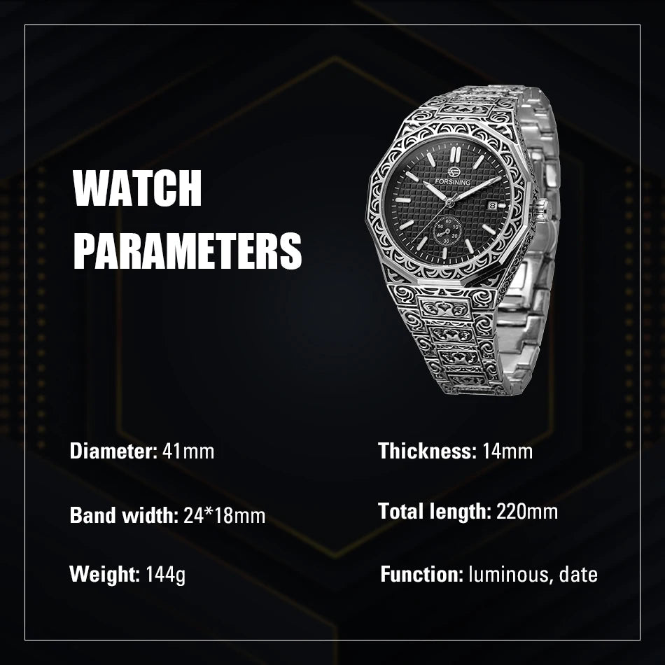 FORSINING (®) 8303 Automatic Mechanical Men’s Watch – Square Case, Engraved Design 30M (3ATM) Water Resistant