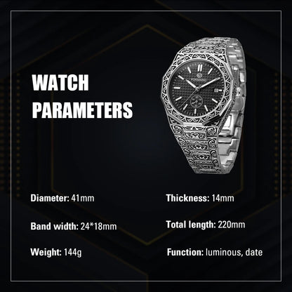 FORSINING (®) 8303 Automatic Mechanical Men’s Watch – Square Case, Engraved Design 30M (3ATM) Water Resistant