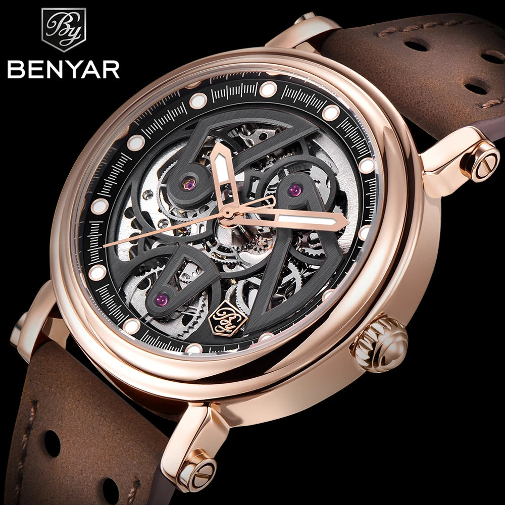 BENYAR (®) 5202 Automatic Skeleton Men’s Watch – Luminous Dial, Leather Strap