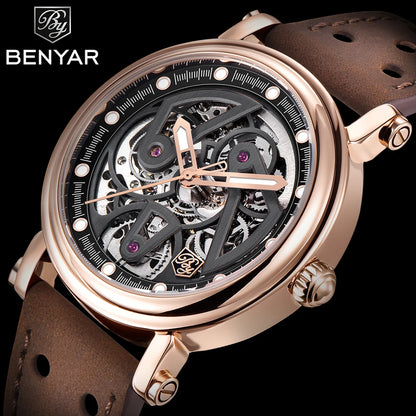 BENYAR (®) 5202 Automatic Skeleton Men’s Watch – Luminous Dial, Leather Strap