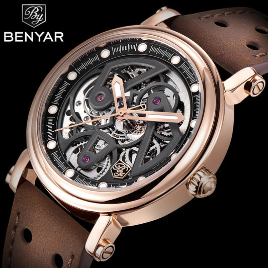BENYAR (®) 5202 Automatic Skeleton Men’s Watch – Luminous Dial, Leather Strap