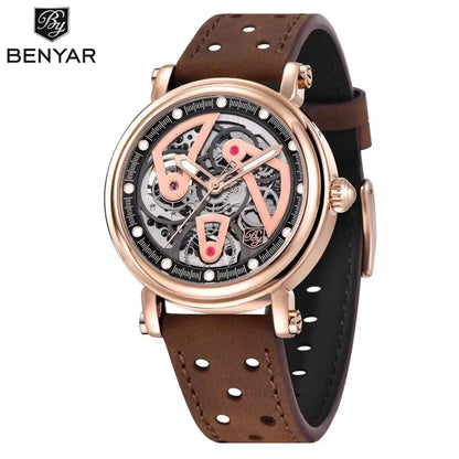 BENYAR (®) 5202 Automatic Skeleton Men’s Watch – Luminous Dial, Leather Strap