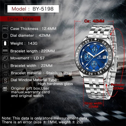 BENYAR (®) BY-5198  Men’s Quartz Chronograph Watch – Japan VD53 Movement 30M (3ATM) Water Resistant