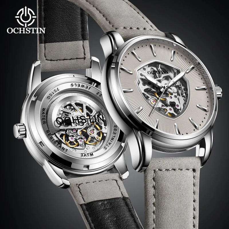 OCHSTIN (®) 7010C Automatic Skeleton Men’s Watch – Unique Dial, Leather Strap 30M (3ATM) Water Resistant