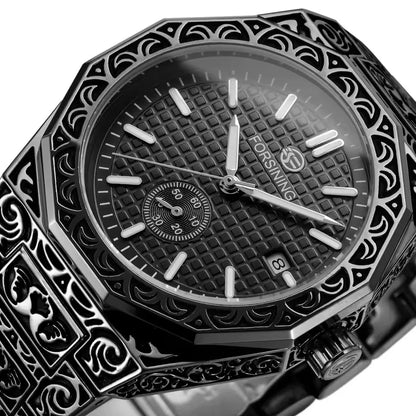 FORSINING (®) 8303 Automatic Mechanical Men’s Watch – Square Case, Engraved Design 30M (3ATM) Water Resistant