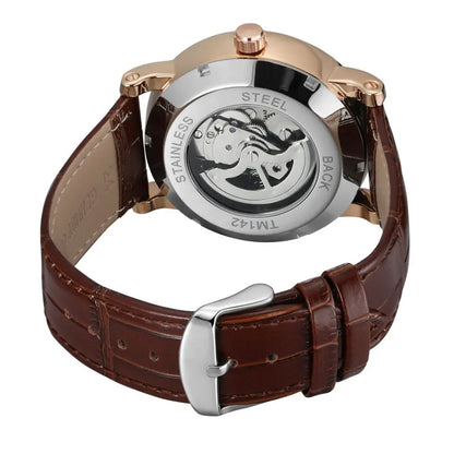 FORSINING (®) TM142 Automatic Men’s Watch – Rose Gold Case, Leather Strap