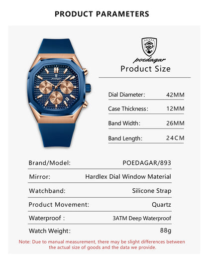 POEDAGAR (®) 893 Quartz Chronograph Men’s Watch – Luminous Date 30M (3ATM) Water Resistant