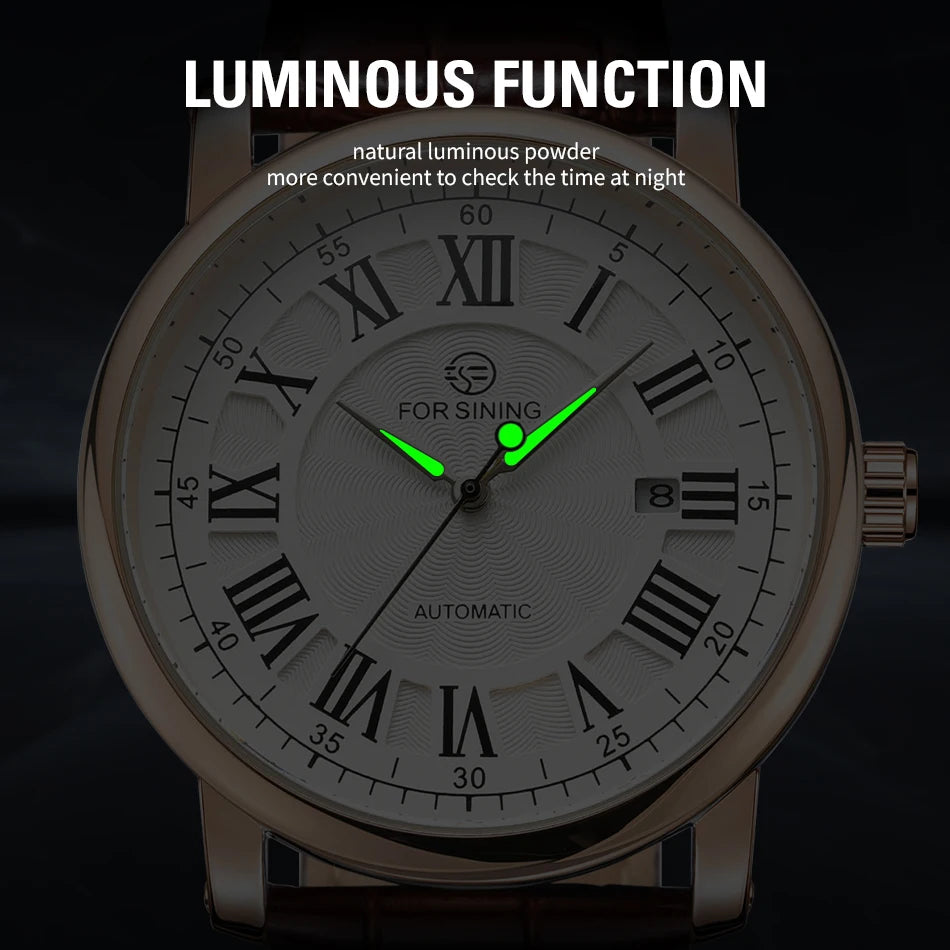 FORSINING (®) TM142 Automatic Men’s Watch – Rose Gold Case, Leather Strap