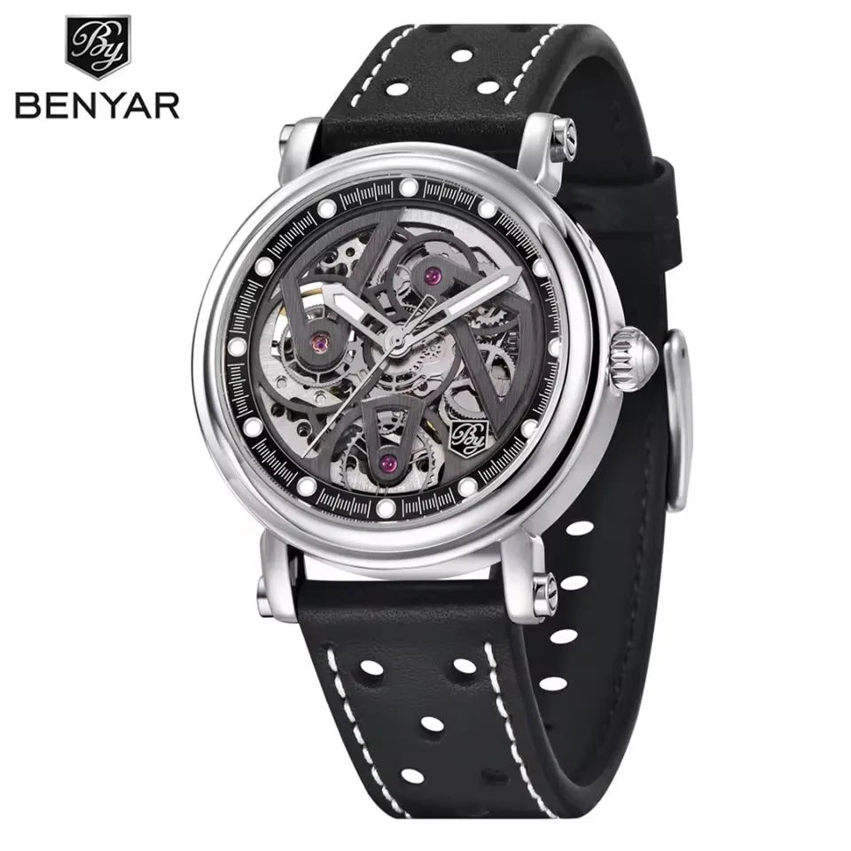 BENYAR (®) 5202 Automatic Skeleton Men’s Watch – Luminous Dial, Leather Strap