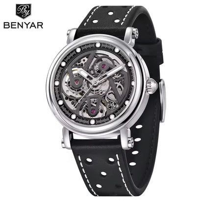 BENYAR (®) 5202 Automatic Skeleton Men’s Watch – Luminous Dial, Leather Strap