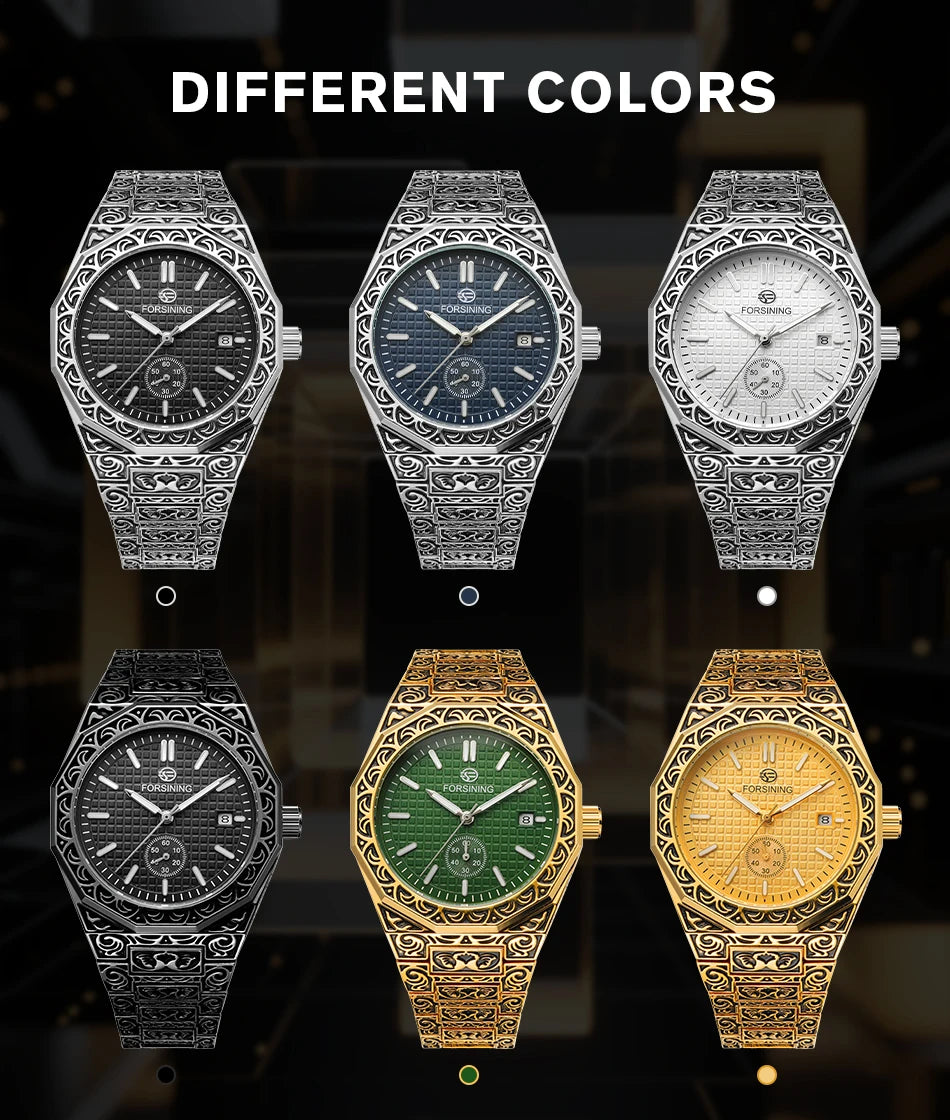 FORSINING (®) 8303 Automatic Mechanical Men’s Watch – Square Case, Engraved Design 30M (3ATM) Water Resistant