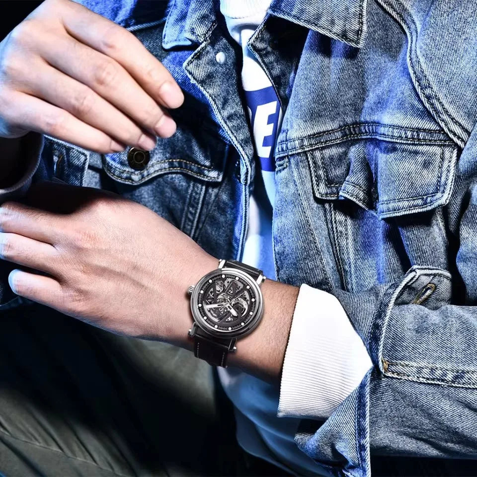 BENYAR (®) 5202 Automatic Skeleton Men’s Watch – Luminous Dial, Leather Strap