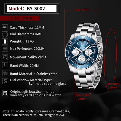 BENYAR (®) S002 Men’s Quartz Chronograph Watch – Sport Silicone Strap 30M (3ATM) Water Resistant