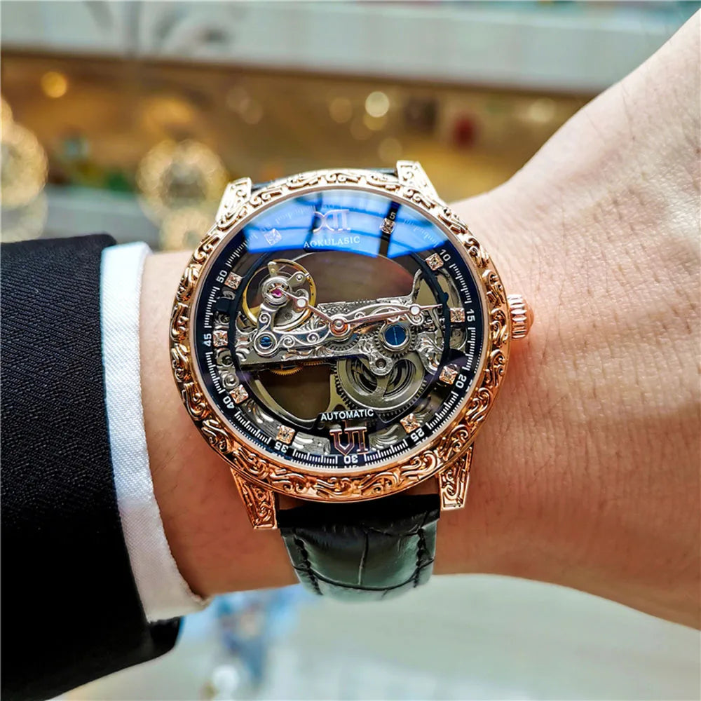 AOKULASIC (®) 3202 Automatic Mechanical Men’s Watch – Leather Strap 30M (3ATM) Water Resistant