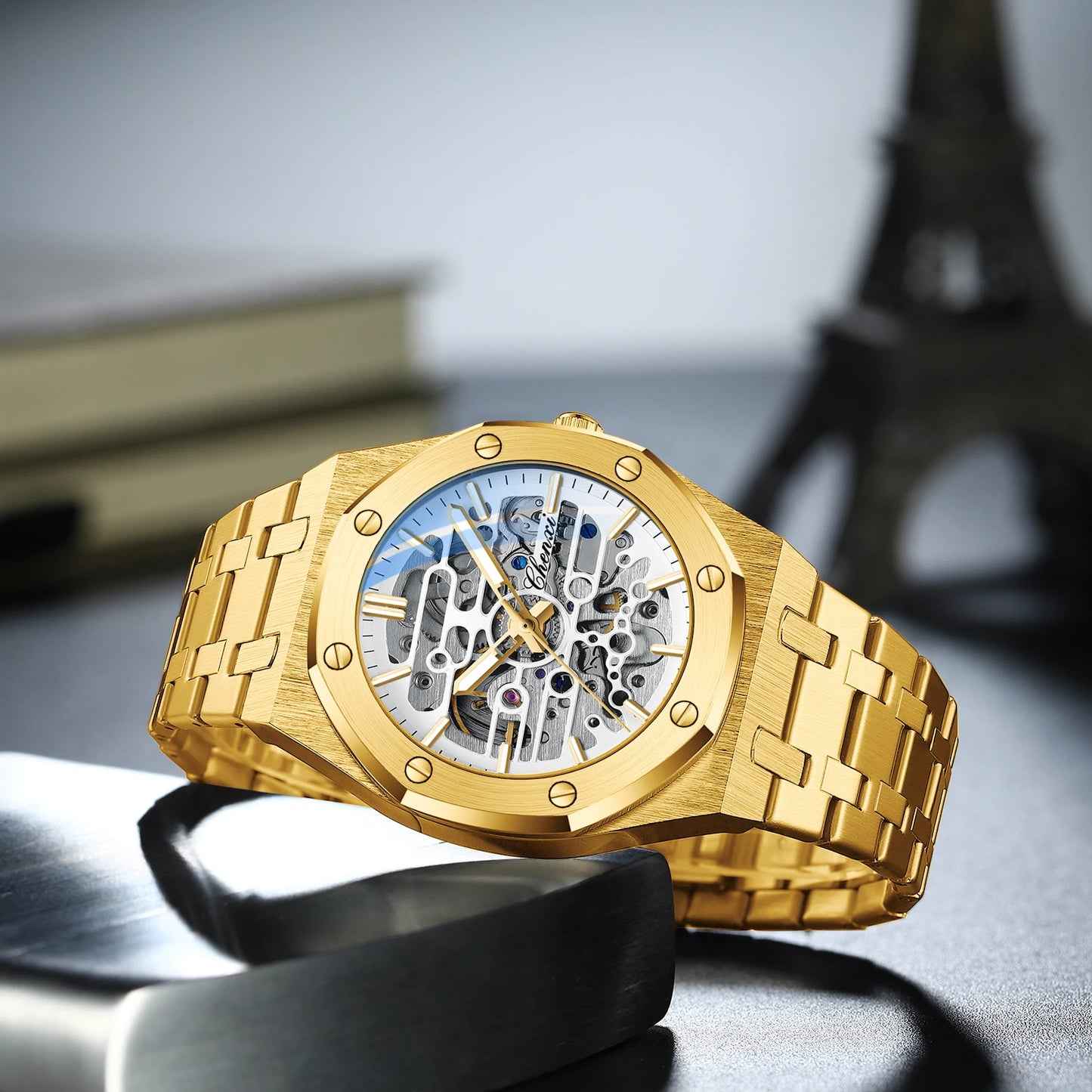 CHENXI (®) 8848 Automatic Skeleton Men’s Watch – Gold Tone Case 30M (3ATM) Water Resistant