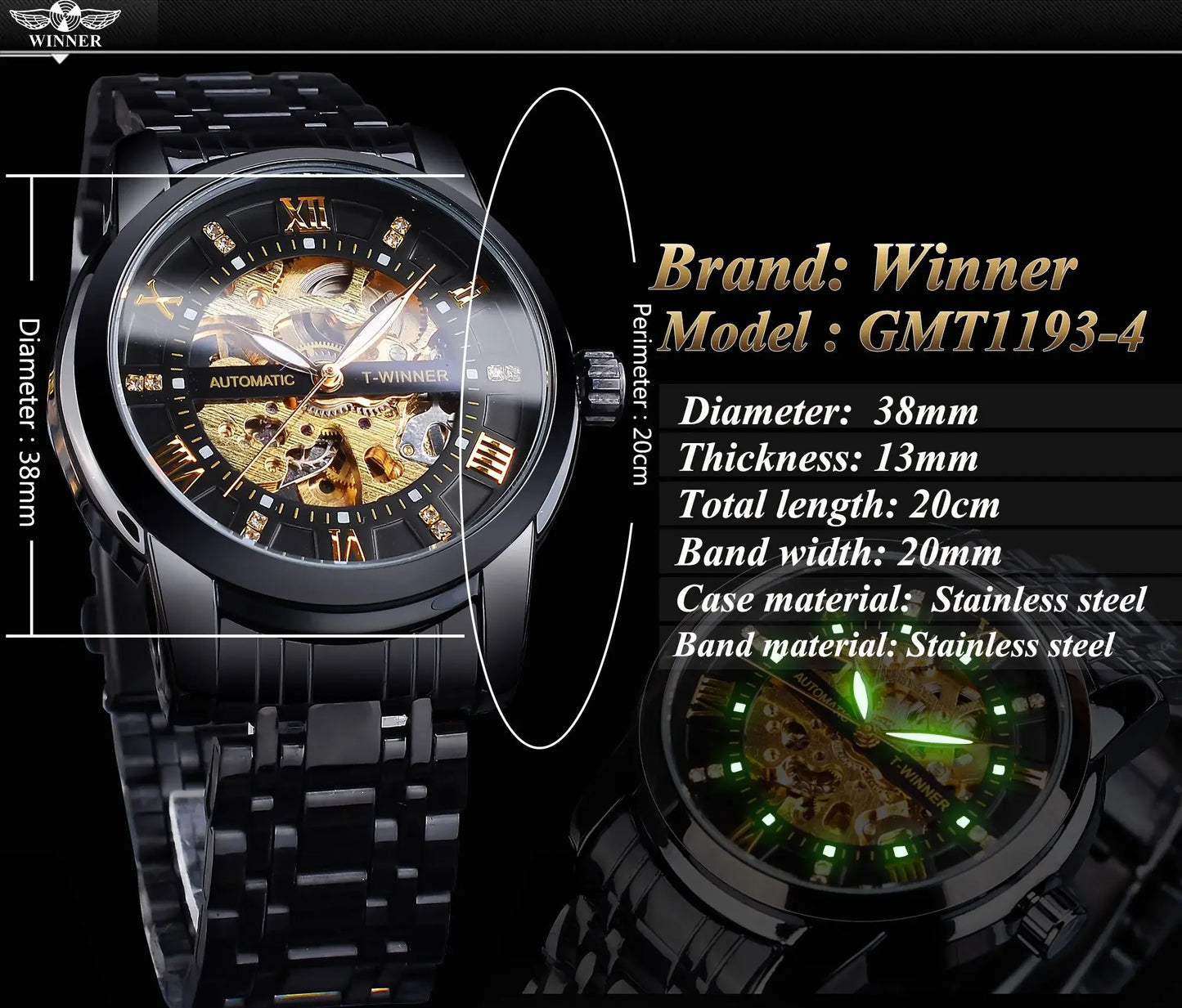 WINNER (®) XT0010 Automatic Mechanical Men’s Watch – Luminous Dial 30M (3ATM) Water Resistant