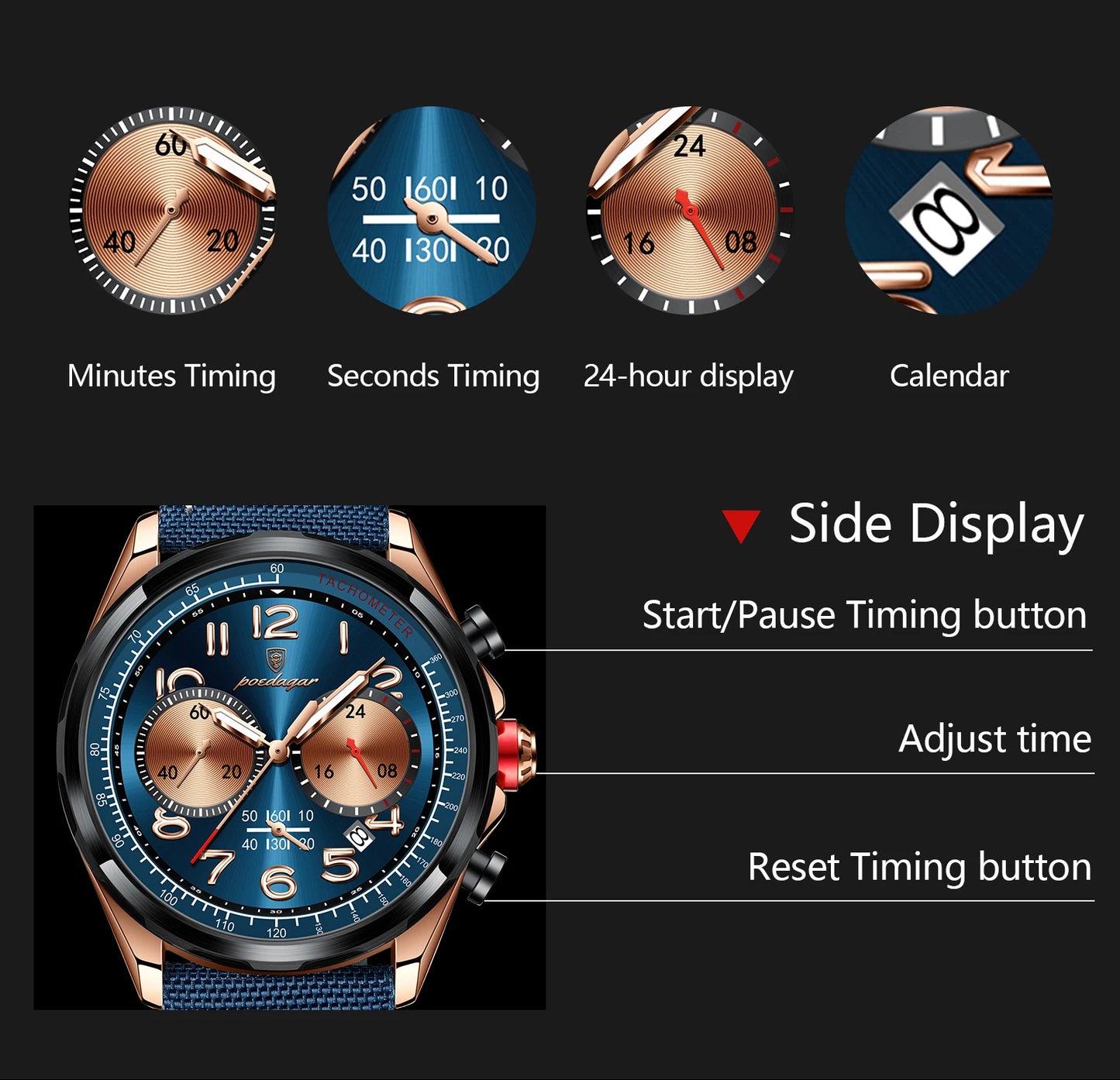 POEDAGAR (®) 862 Quartz Chronograph Men’s Watch – Luminous Dial, Date