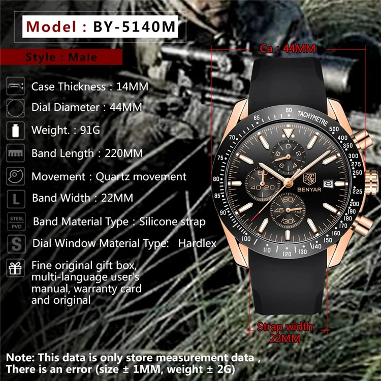 BENYAR (®) 5140 Men’s Quartz Chronograph Watch – Sport Silicone Strap 30M (3ATM) Water Resistant