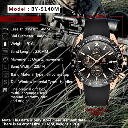 BENYAR (®) 5140 Men’s Quartz Chronograph Watch – Sport Silicone Strap 30M (3ATM) Water Resistant