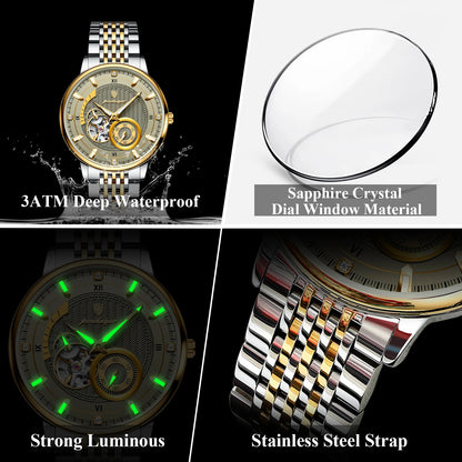 POEDAGAR (®) WT0002 Automatic Skeleton Watch – Stainless Steel, Luminous, 50M (5ATM) Water Resistant