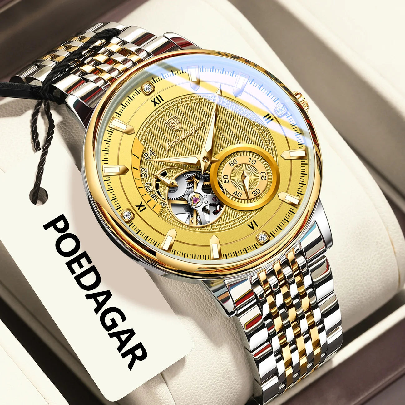 POEDAGAR (®) WT0002 Automatic Skeleton Watch – Stainless Steel, Luminous, 50M (5ATM) Water Resistant