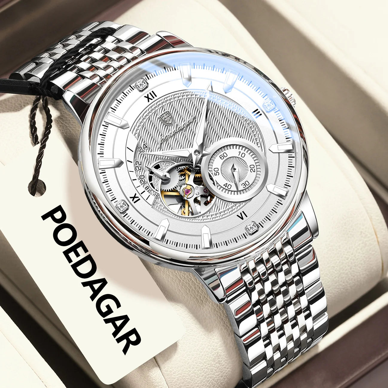 POEDAGAR (®) WT0002 Automatic Skeleton Watch – Stainless Steel, Luminous, 50M (5ATM) Water Resistant