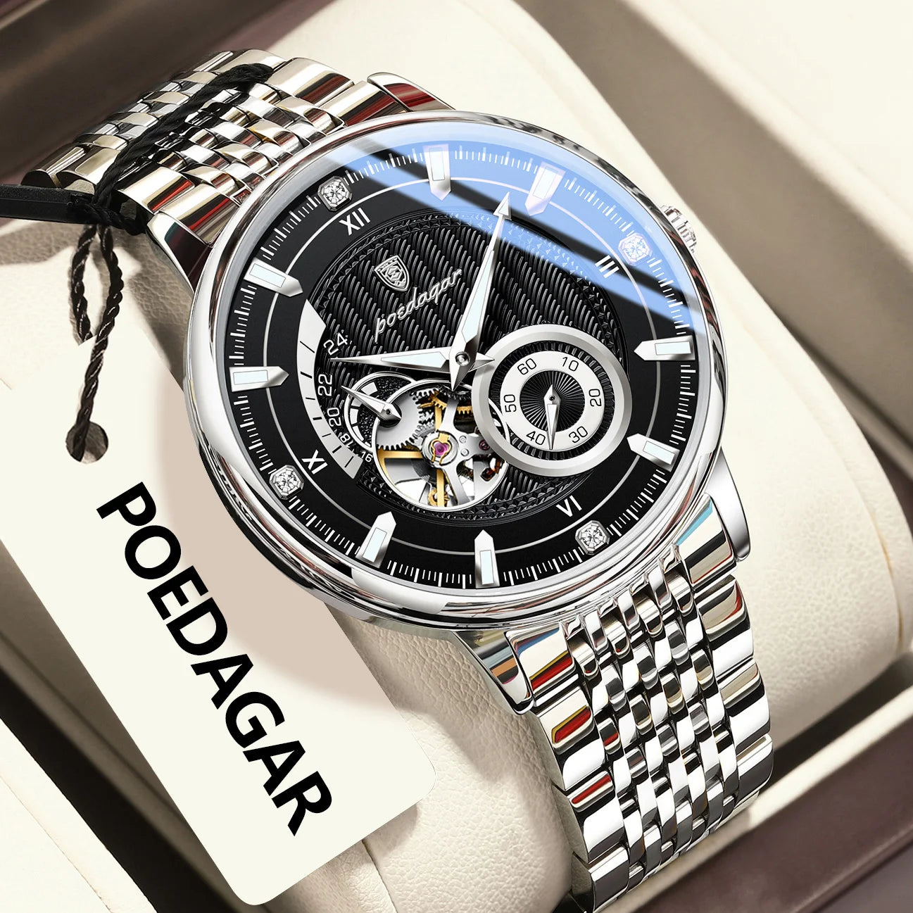 POEDAGAR (®) WT0002 Automatic Skeleton Watch – Stainless Steel, Luminous, 50M (5ATM) Water Resistant